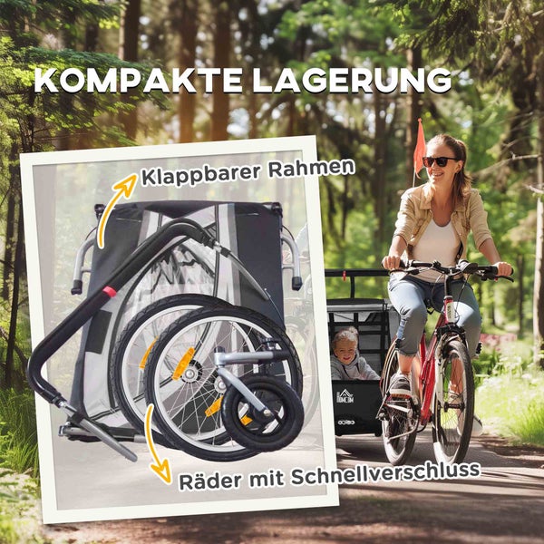 HOMCOM 2 in 1 Kinderanhänger klappbar Fahrradanhänger mit abnehmbarem Vorderrad, Hinterradbremsen, Kinderfahrradanhänger für 2 Kinder ab 18 Monate, bis 26,4 kg belastbar, Grau