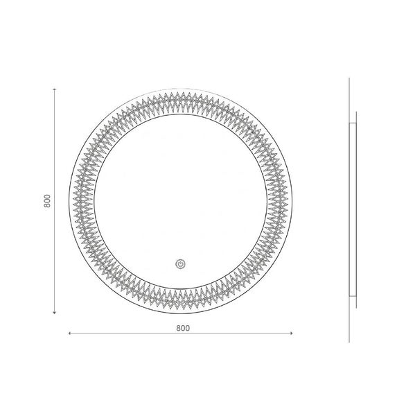Technische Zeichnung eines runden LED-Badspiegels mit 800 Millimetern Durchmesser, dekorativem Rand und Touch-Sensor.