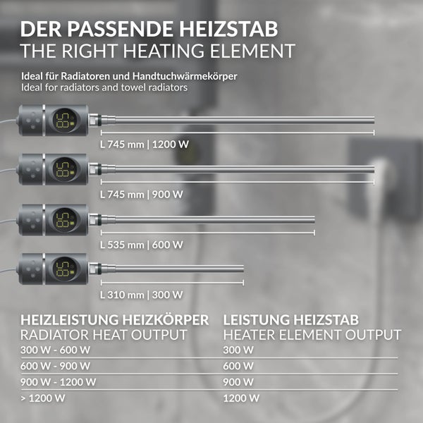 ML-Design Heizstab 600W Anthrazit mit Thermostat & LCD Bildschirm, Elektronischer Temperaturregler & Timing-Funktion, Heizpatrone Heizelemente für Badheizkörper Heizungen, Elektroheizstab mit Stecker