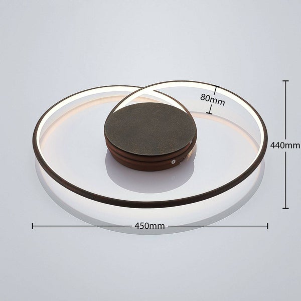 Moderne LED-Deckenleuchte mit Maßangaben: Breite 450 Millimeter, Tiefe 440 Millimeter und Höhe 80 Millimeter.