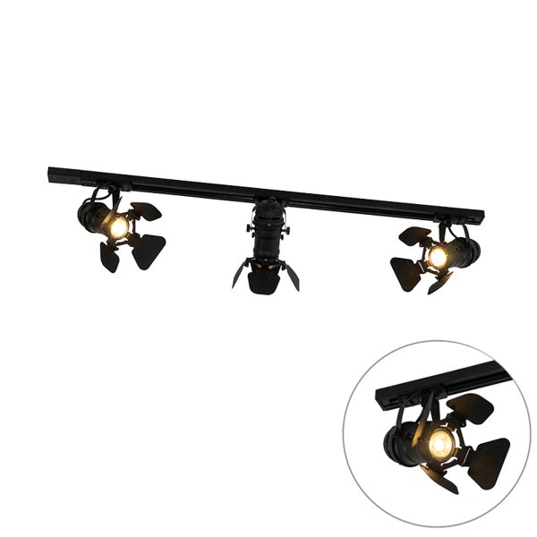 Dreiflammiges Schienensystem mit drei verstellbaren Strahlern im Industriedesign inklusive Detailansicht des Lichtkegels.