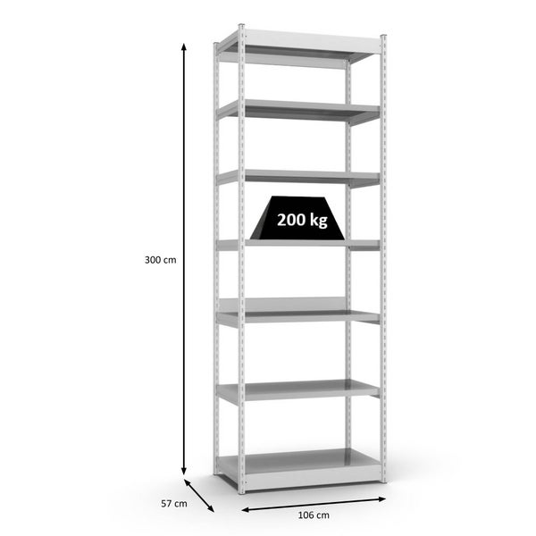 PROREGAL Fachbodenregal Stecksystem Vierkant-Profil Grundregal HxBxT 300 x 102,5 x 50 cm 7 Ebenen Einseitige Bauart Fachlast 200 kg Lichtgrau