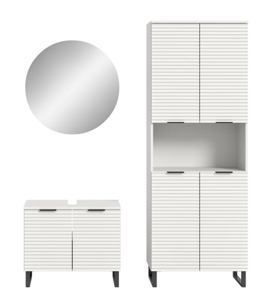 Badezimmermöbel-Set mit Waschbeckenunterschrank, Hochschrank und rundem Spiegelschrank, Fronten mit Rillenstruktur.