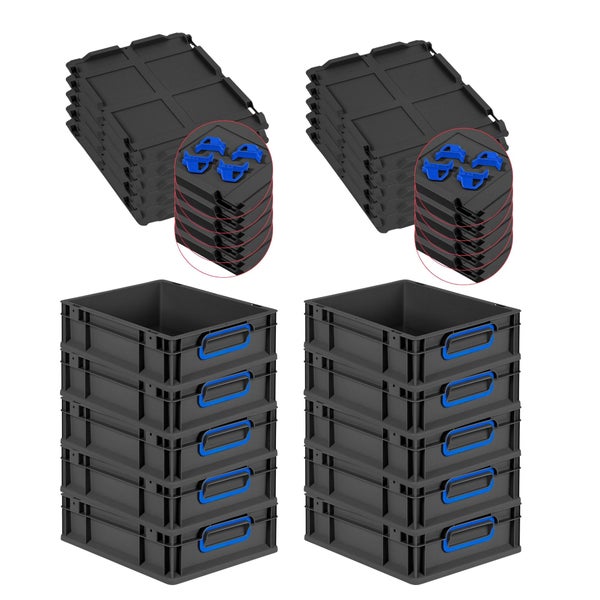 PROREGAL SparSet 10x Eurobox NextGen Color mit Auflagedeckel und Schiebeschnappverschlüsse, HxBxT 12x30x40cm, 11 Liter, Schwarz, Griffe blau geschlossen, Eurobehälter, Transportbox, Transportbehälter, Stapelbehälter