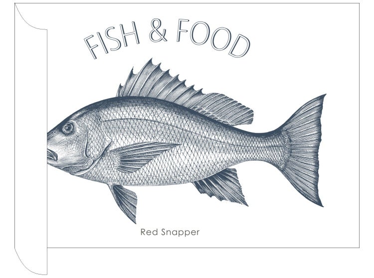 Illustration eines roten Schnappers mit der Aufschrift Fisch und Lebensmittel