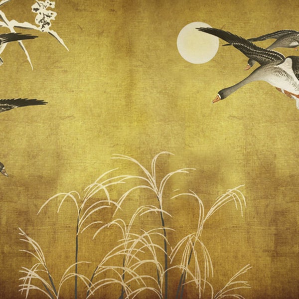 Tapete mit Vogel-, Mond- und Pflanzenmotiv