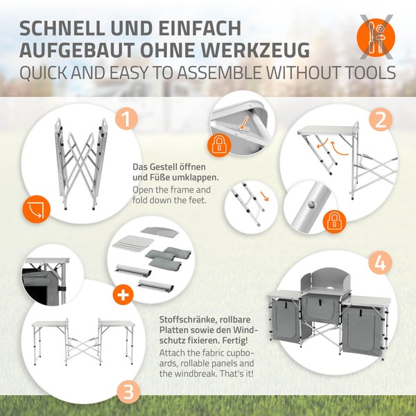 Hauki Camping Küche, Grau, Campingschrank faltbar mit Tragetasche, Reiseküche mit Windschutz, Küchenschrank mit Arbeitsplatte, Staufächern, Alu Outdoorküche, Küchenbox klappbar, Zeltschrank tragbar