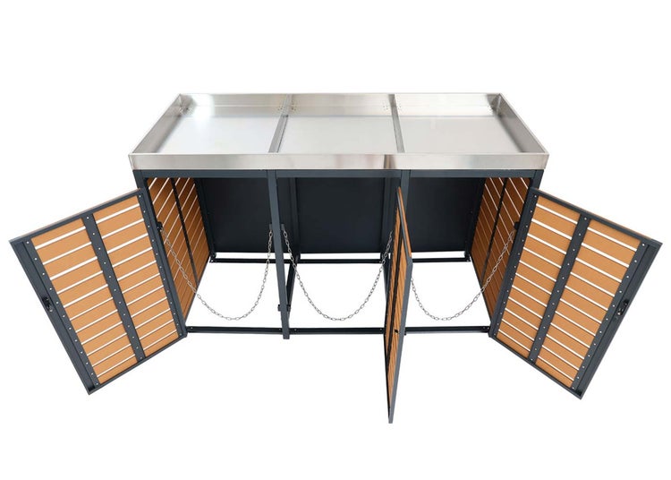 Mülltonnenbox mit drei Türen und Edelstahlabdeckung