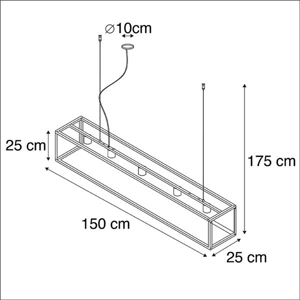 Technische Zeichnung einer Pendelleuchte mit den Maßen 150 cm Länge, 25 cm Breite, 25 cm Höhe und 175 cm maximaler Höhe