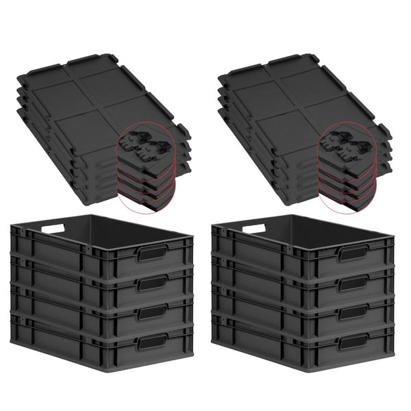 PROREGAL SuperSparSet 8x Eurobox NextGen Grip mit Scharnierdeckel und schwarzen Schiebeschnappverschlüssen, HxBxT 12x40x60cm, 23 Liter, Schwarz, Griffe offen, Eurobehälter, Transportbox, Transportbehälter, Stapelbehälter
