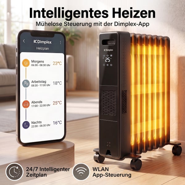 Mobiler Dimplex Ölradiator mit digitaler Anzeige und App Steuerung via WLAN zur intelligenten Heizplanung im Wohnraum.