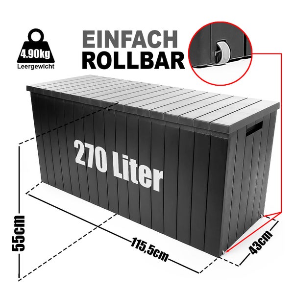 BigDean Gartenbox 270 L mit Rollen aus wetterfestem Kunststoff – Auflagenbox wasserdicht für outdoor geeignet – Kissenbox Made in Europe