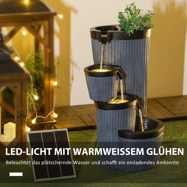Outsunny Gartenbrunnen, Solar Springbrunnen mit LED-Beleuchtung, 4 stufiger, mit Blumenkasten, für Garten, Balkon, 33 x 30 x 57,5 cm, Kunstharz, Dunkelgrau