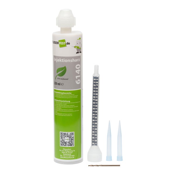 Injektionsharz FliesenFest 6140 für hohlklingende Fliesen, 250 Milliliter Kartusche mit Statikmischer, Dosierspitzen und Bohrer.