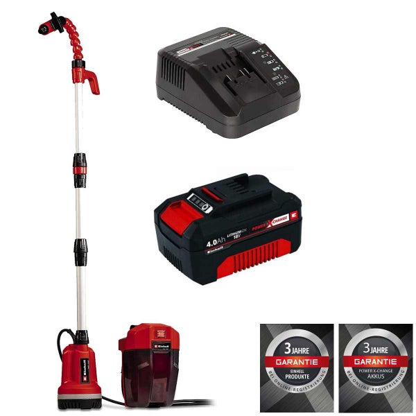 Einhell Akku-Klarwasserpumpen-Set mit Teleskopstiel, 18 Volt 4,0 Amperestunden Akku und Ladegerät. Mit Siegel für drei Jahre Garantie.