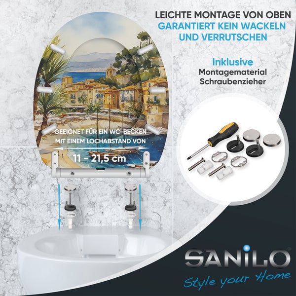 Sanilo WC Sitz mit mediterranem Motiv, inklusive Befestigungsmaterial und Schraubendreher für einfache Montage von oben.