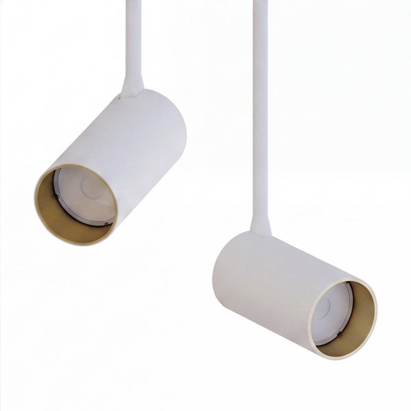 Zwei weiße, zylindrische Hänge-Spotlights mit goldenen Innendetails.