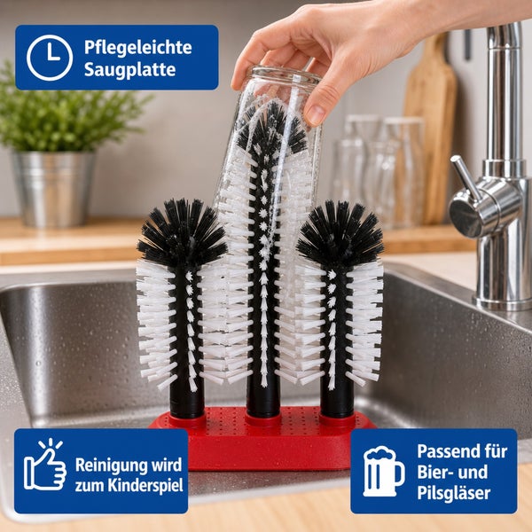 Drei Glasreinigungsbürsten mit Saugfuß zur Reinigung von Bier- und Pilsgläsern in der Spüle.