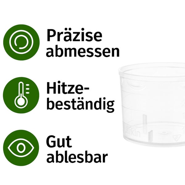 Symbole für präzises Abmessen, Hitzebeständigkeit und gute Lesbarkeit.