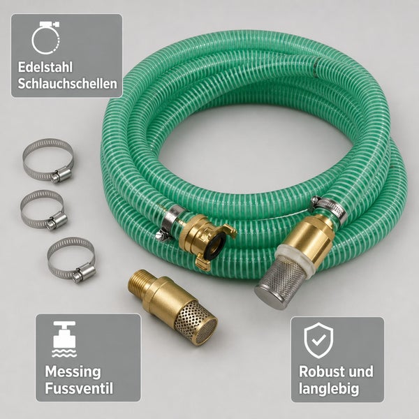 Saugschlauch Set inklusive Messing Fussventil und Edelstahl Schlauchschellen für Pumpen