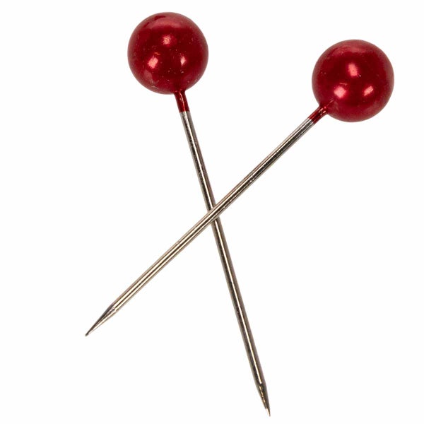 Zwei Stecknadeln mit rundem Kopf aus Metall zur Befestigung von Unterlagen an Pinnwänden oder zum Nähen.