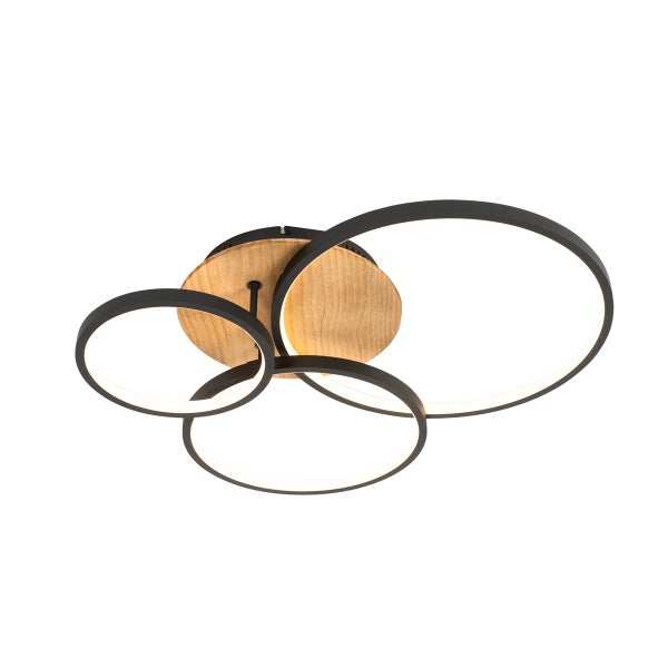 Moderne LED Deckenleuchte mit drei ringförmigen Leuchtelementen und Holzoptik Elementen