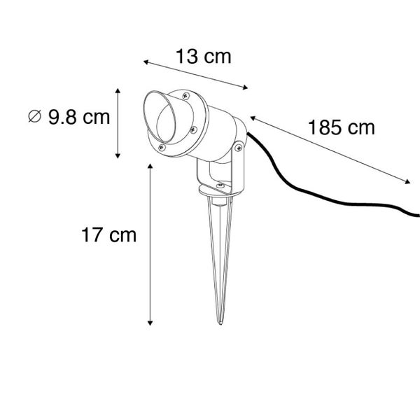 Gartenstrahler mit Erdspieß: Durchmesser 9,8 Zentimeter, Länge 13 Zentimeter, Höhe 17 Zentimeter, Kabellänge 185 Zentimeter.
