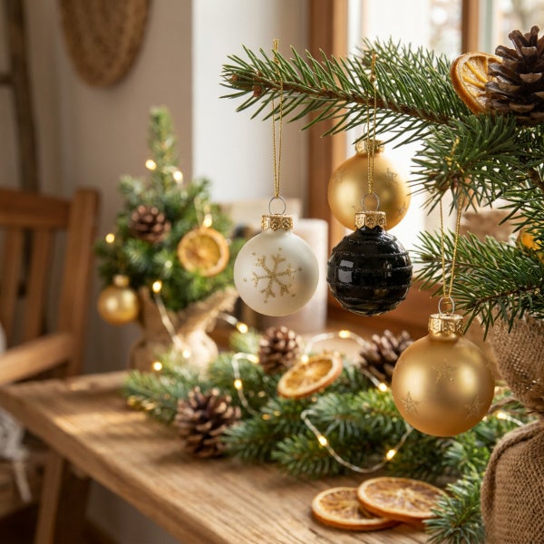 Weihnachtsdekoration mit Christbaumkugeln aus Glas, Tannenzweigen, Kiefernzapfen und getrockneten Orangenscheiben auf einem Holztisch.