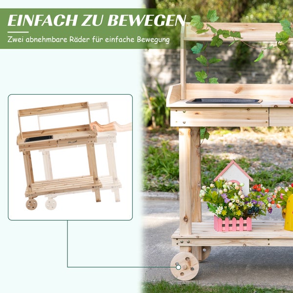 Outsunny Pflanztisch mit Schublade 2 Stufen Gärtnertisch mit waschbecken und Rollen Garten Tannenholz Natur 92 x 45 x 119 cm