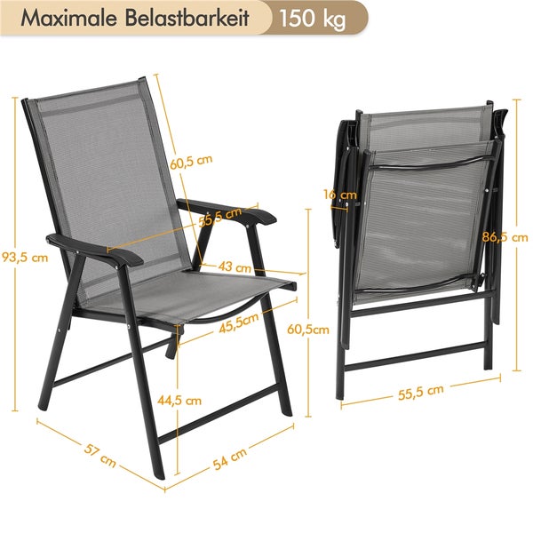 Gartenstuhl mit maximaler Belastbarkeit von 150 kg und Maßangaben