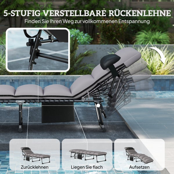 Gartenliege mit 5-stufig verstellbarer Rückenlehne am Pool, Detailansicht der Verstellmechanik und verschiedene Liegepositionen.