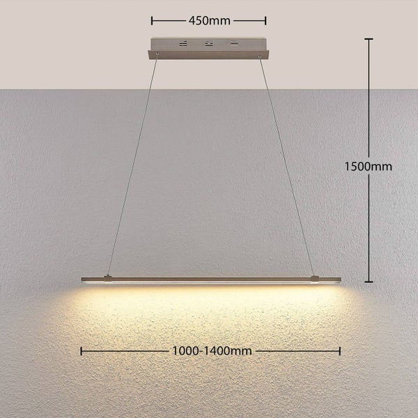 Moderne LED-Pendelleuchte mit horizontalem Balken, Breite 1000 bis 1400 Millimeter, Höhe 1500 Millimeter, Baldachin 450 Millimeter.