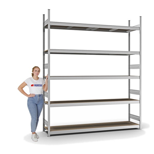 PROREGAL Weitspannregal Stecksystem T-Profil Grundregal HxBxT 300x250x50 cm 5 Ebenen Spanplatten Fachboden Fachlast 350 kg Verzinkt