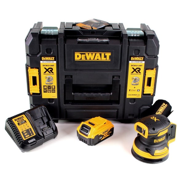 DeWalt 18 Volt Akku-Exzenterschleifer XR Brushless Set mit Ladegerät, Akku und TSTAK Transportkoffer