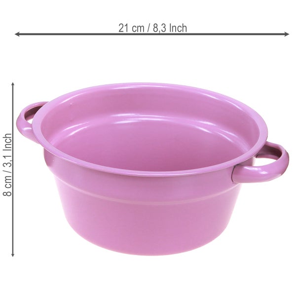 Lilafarbene Schüssel mit Griffen, Durchmesser 21 Zentimeter, Höhe 8 Zentimeter.