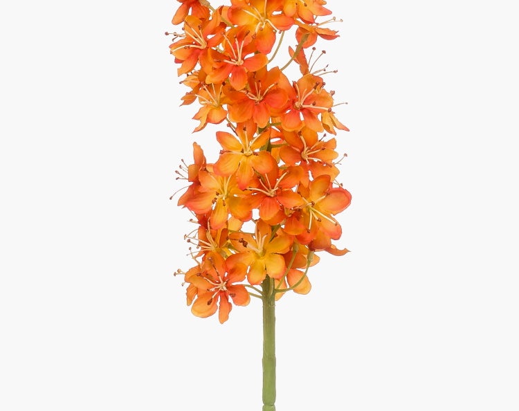 Künstlicher Blumenstiel mit mehreren kleinen orangefarbenen Blüten und grünem Stängel.