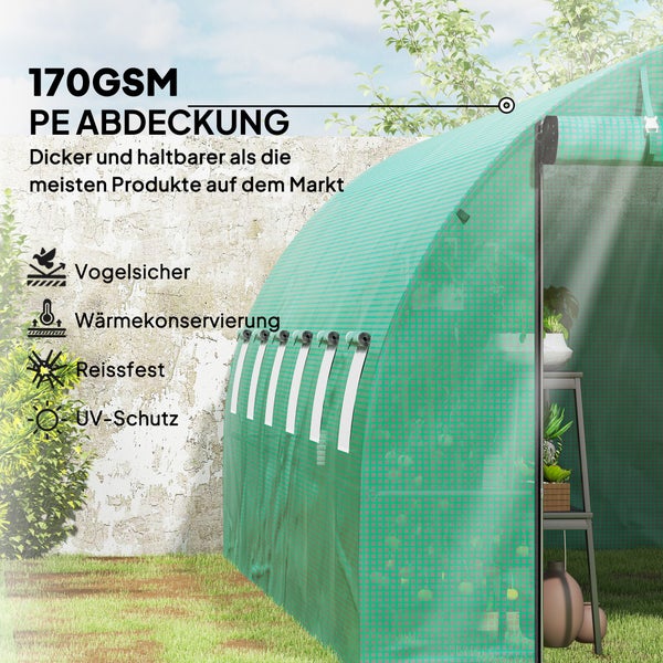 Outsunny Gewächshaus Foliengewächshaus mit 12 Fenster, Rolltür, Aufrollbar Seitenwänden, UV-beständiger Folientunnel, Winterfest Tomatenhaus mit Erdanker, Grün