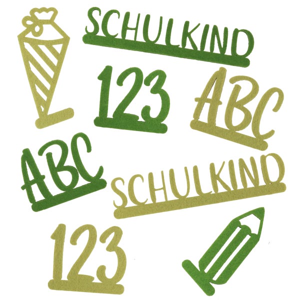 Dekorationselemente zum Schulanfang mit Zuckertüte, Schulkind Schriftzug, Zahlen und ABC