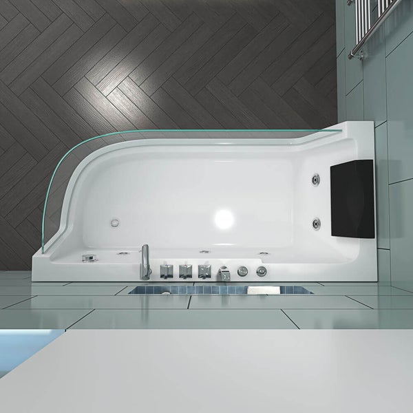 Weiße Eckbadewanne mit Whirlpoolfunktion, Duschwand aus Glas und Nackenkissen, installiert in einem modernen Badezimmer.