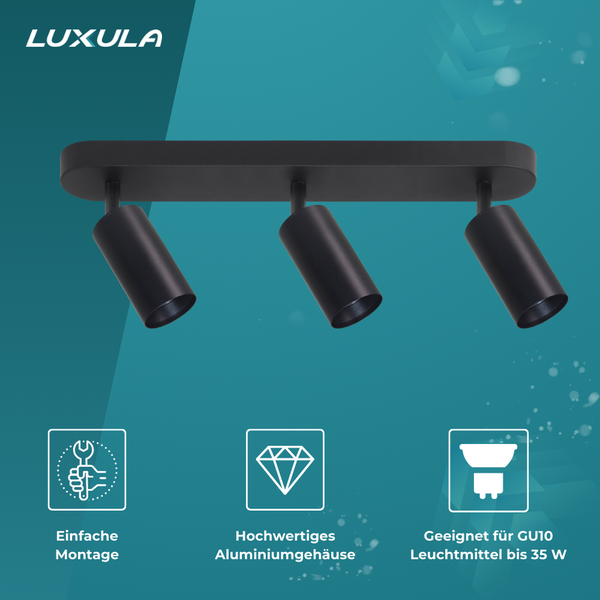 Luxula Logo. Dreiflammige Deckenleuchte aus Aluminium für GU10 Leuchtmittel bis 35 Watt, einfache Montage