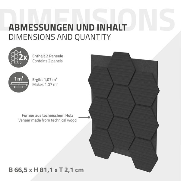 ML-Design 2er Set Akustikpaneele 66x81x2cm für 1m² – Schwarz, MDF Akustikplatten in Hexagon-Holzoptik, Wandpaneele zur Schalldämmung, Wandverkleidung für Büro, Studio, Schallschutz & Akustikbehandlung