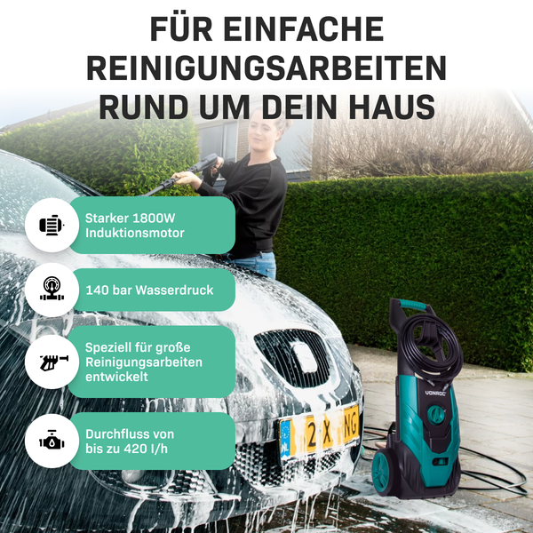 VONROC Hochdruckreiniger 140bar - Fassadenreiniger für mittlere Reinigungsarbeiten [1800W] - Durchfluss [420 l/h], Reinigungstank, Aluminium Pumpe - inkl. Zubehör Kit
