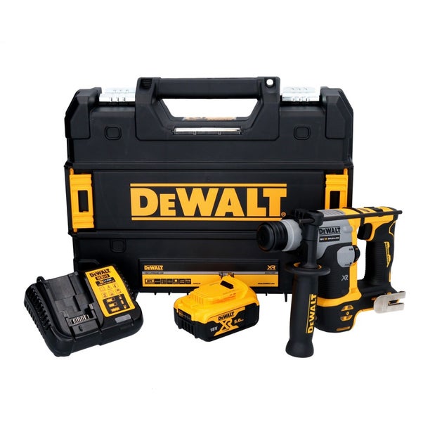 DeWalt Akku-Bohrhammer Set mit bürstenlosem Motor, 18 Volt Akku, Schnellladegerät und robustem Transportkoffer.