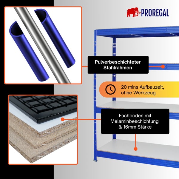 Proregal Logo. Schwerlastregal mit pulverbeschichtetem Stahlrahmen, werkzeuglose Montage in circa 20 Minuten und 16 Millimeter Melamin-Fachböden.