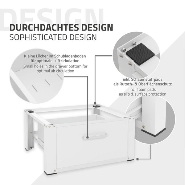 ML-Design Waschmaschinen Untergestell mit Schublade 63x54cm Stahl Weiß bis 150kg, Waschmaschinen-Unterschrank, Stabiler Waschmaschinensockel, H=31,5cm Podest Erhöhung Unterbau für Trockner/Kühlschrank