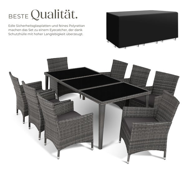 Gartengarnitur aus Polyrattan mit acht Stühlen inklusive Sitzkissen, Tisch mit Sicherheitsglasplatten und passender Schutzhülle.
