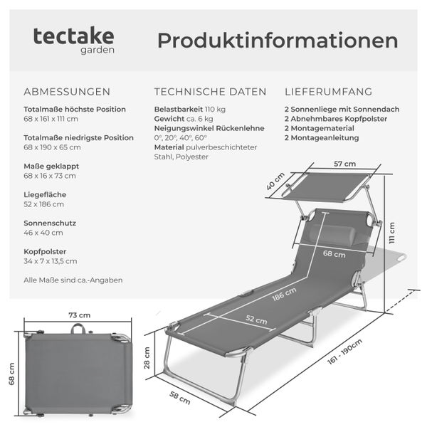 2er Set Gartenliege tectake Chloé 190 x 68 x 65 cm klappbar grau