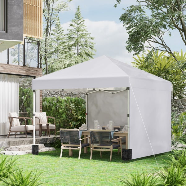 Outsunny Pavillon ca.3x3m, wasserabweisend Stabil Winterfest Pop-up Faltpavillon mit 2 Seitenwänden, UV Schutz 30+, Faltbar Partyzelt Gartenzelt mit Tasche, Gartenpavillon für Camping, Weiß