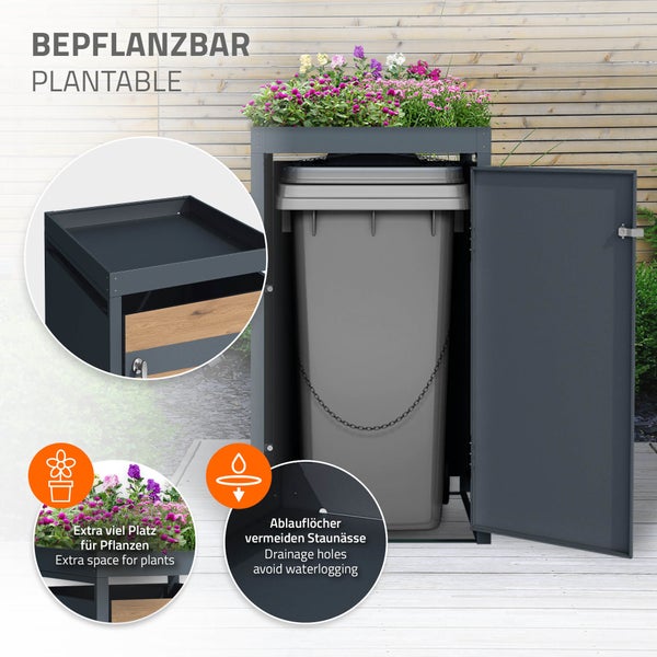 ML-Design Mülltonnenbox 1er mit Pflanzdach für 1 Tonne, 240L, 68x80x124 cm, Eiche-Optik, Stahl, wetterfest, Abschließbare Mülltonnenverkleidung mit Tür, Müllbox Mülltonnecontainer Mülltonnenabdeckung