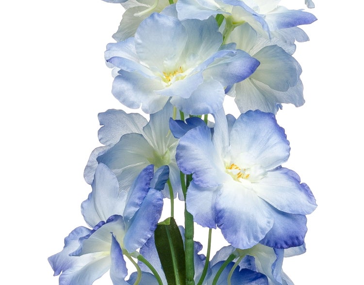 Künstliche Blume Rittersporn mit blauen Blüten, weißer Mitte und gelben Staubgefäßen aus Textilmaterial.